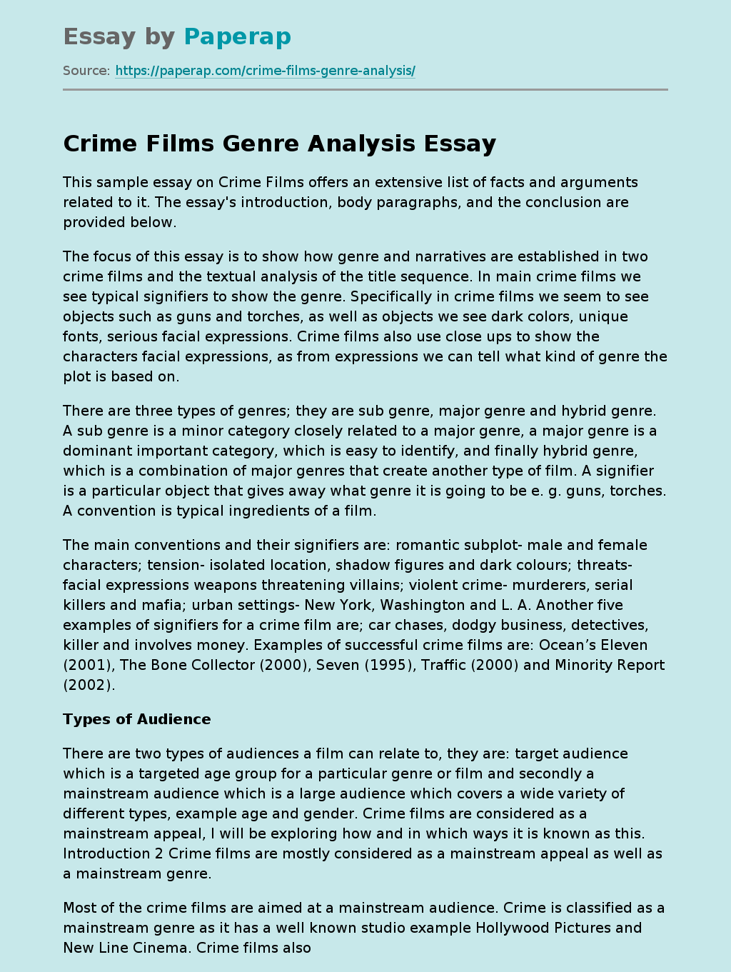 Crime Films Genre Analysis Free Essay Example