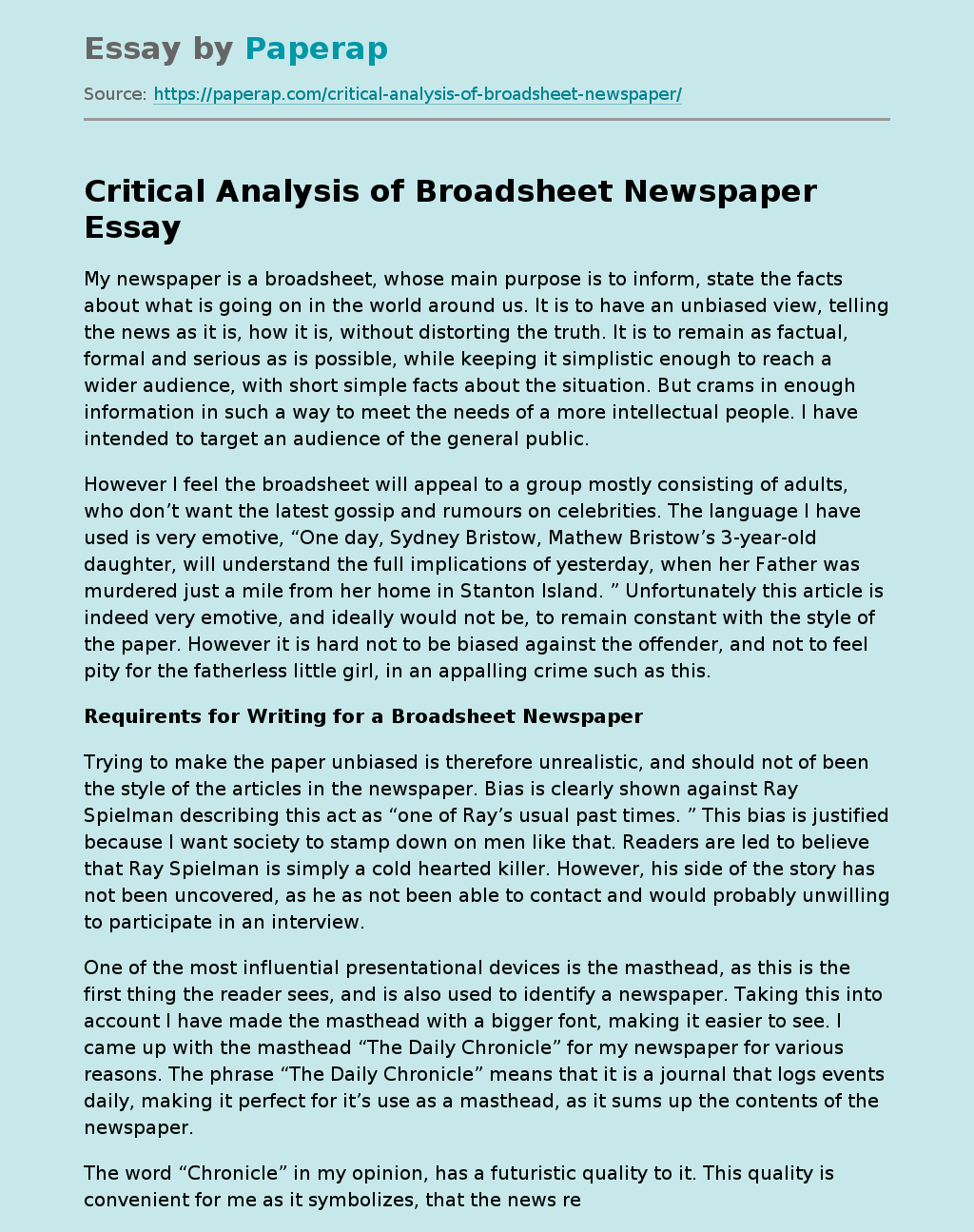 Critical Analysis of Broadsheet Newspaper