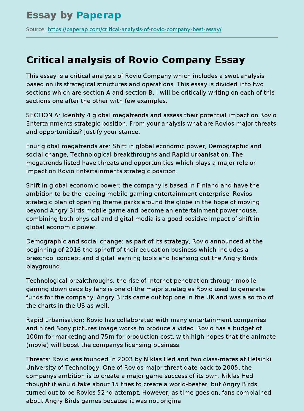Critical analysis of Rovio Company