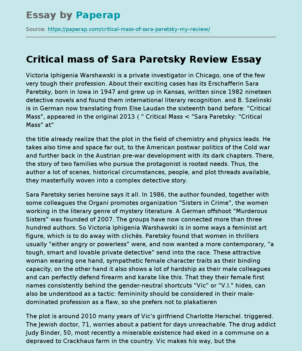Critical mass of Sara Paretsky Review