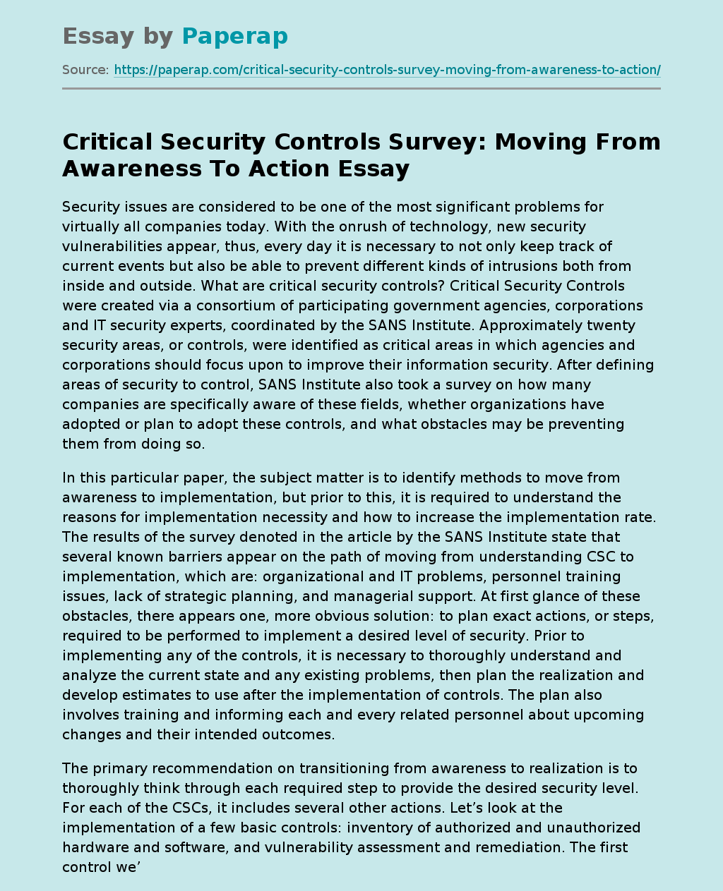 Critical Security Controls Survey: Moving From Awareness To Action