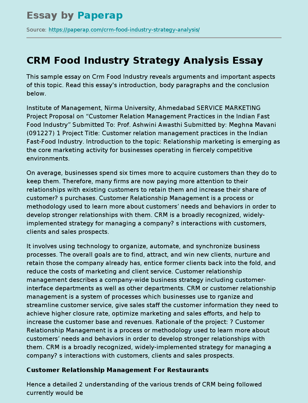 CRM Food Industry Strategy Analysis
