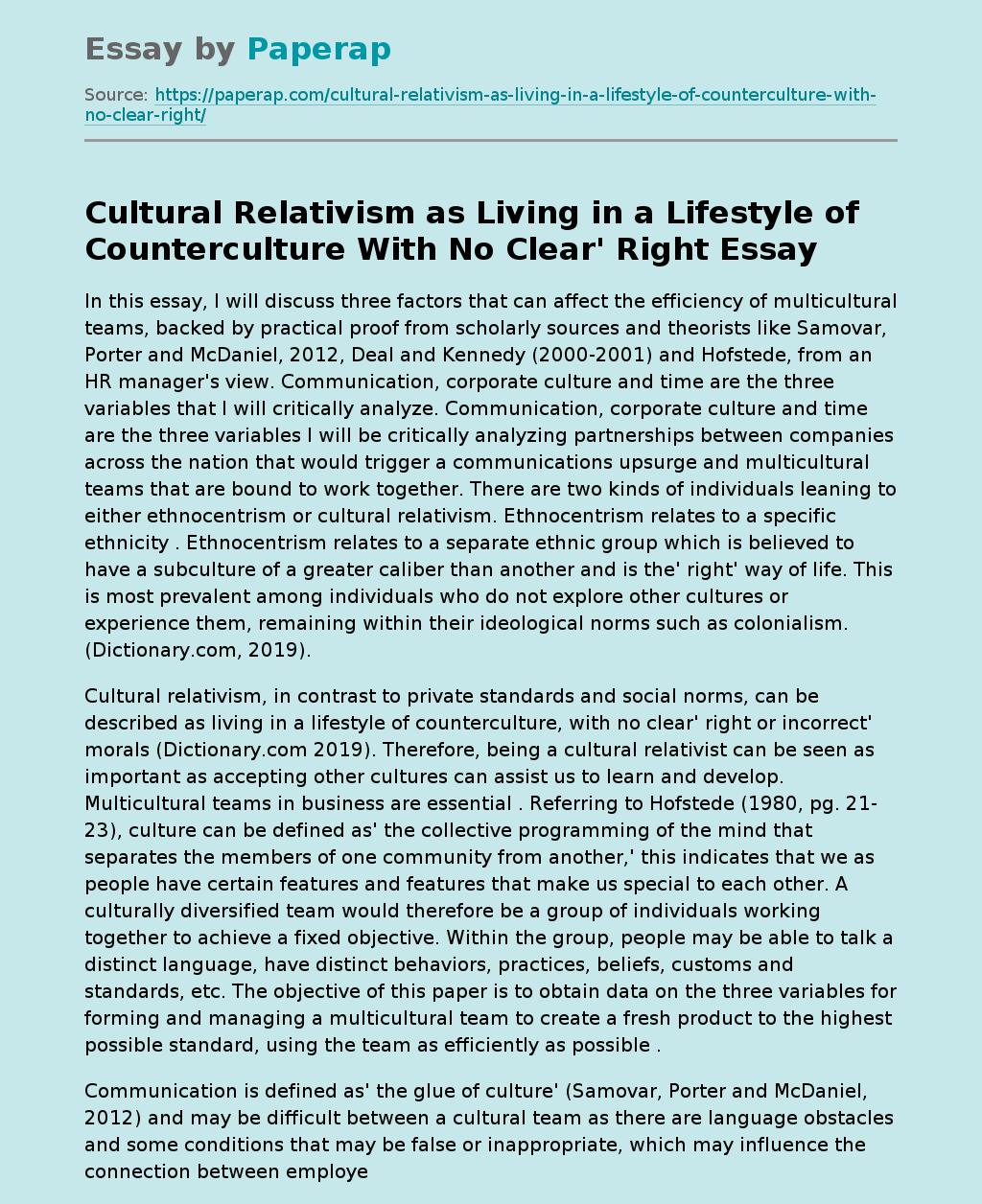 Cultural Relativism as Living in a Lifestyle of Counterculture With No Clear' Right