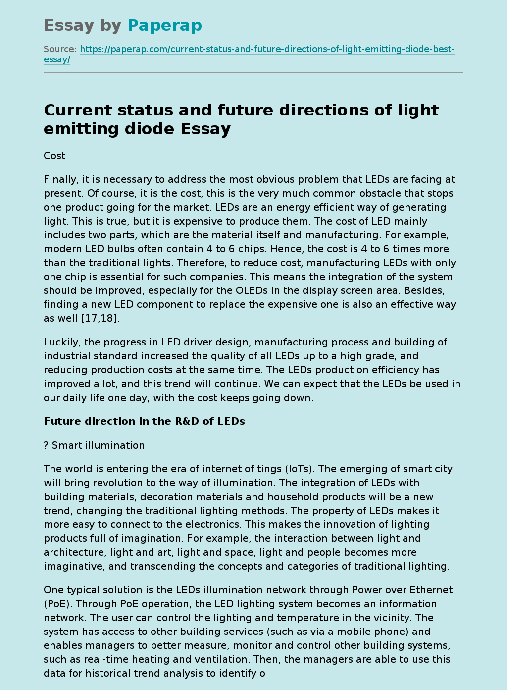 Current Status and Future Directions of Light Emitting Diode