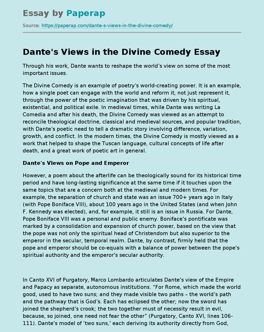 Dante's Views in the Divine Comedy