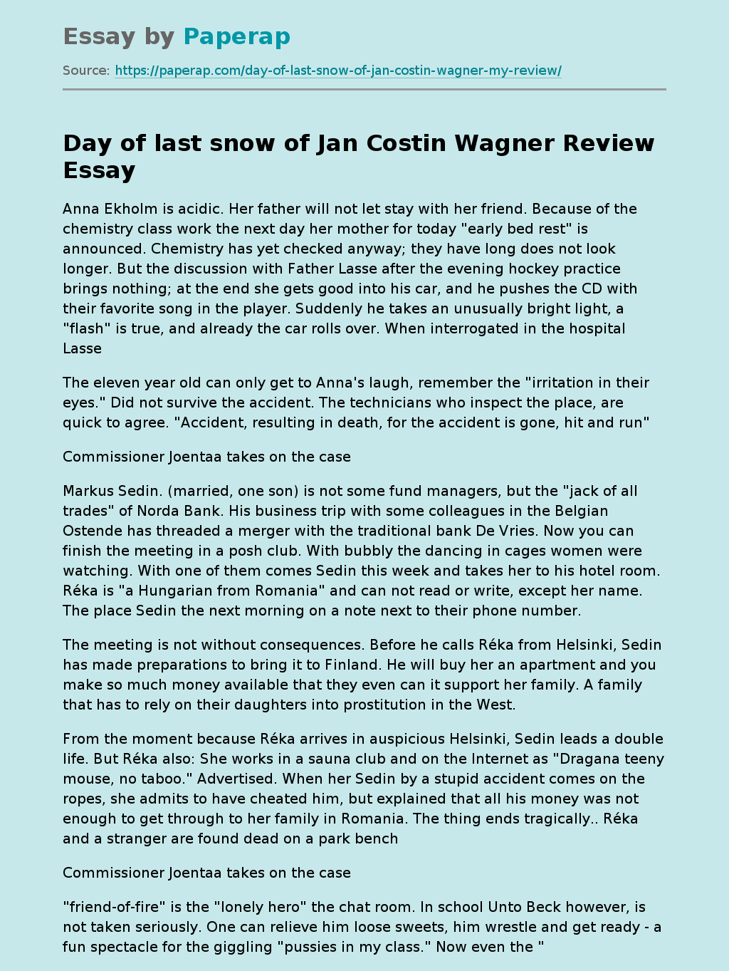 Day of last snow of Jan Costin Wagner Review