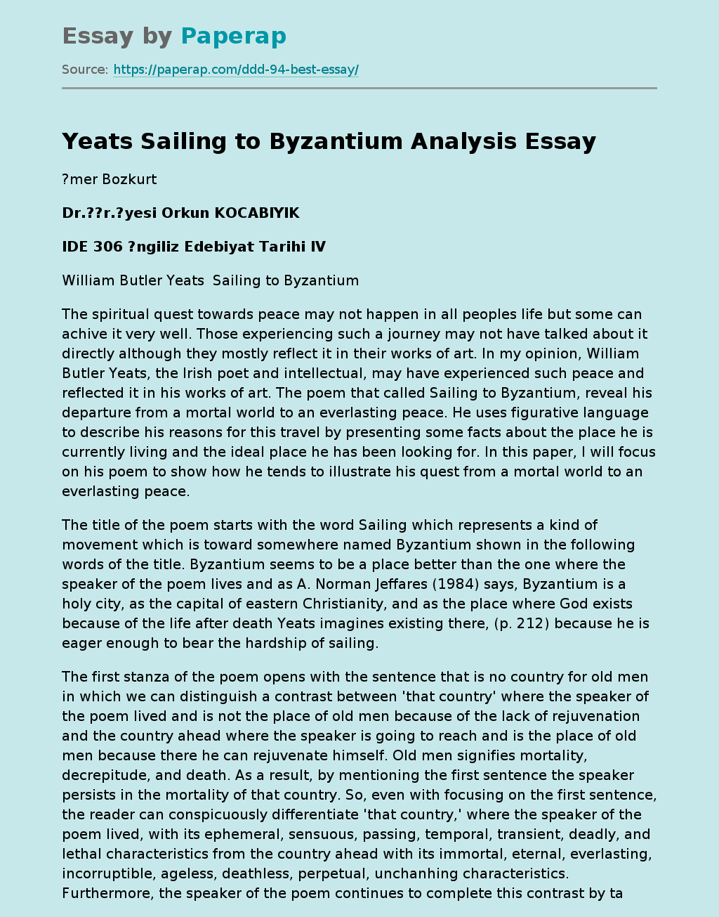 Yeats Sailing to Byzantium Analysis