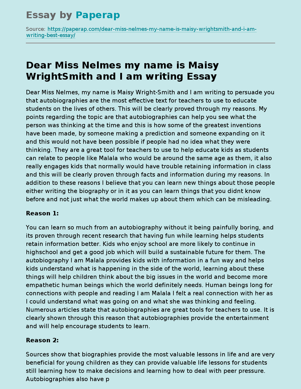 Dear Miss Nelmes my name is Maisy WrightSmith and I am writing
