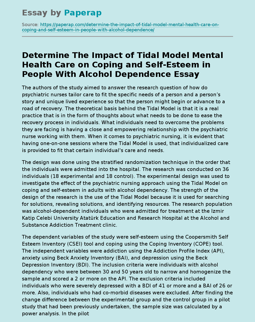 Determine The Impact of Tidal Model Mental Health Care on Coping and Self-Esteem in People With Alcohol Dependence