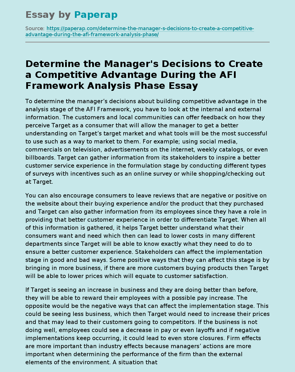 Determine the Manager's Decisions to Create a Competitive Advantage During the AFI Framework Analysis Phase