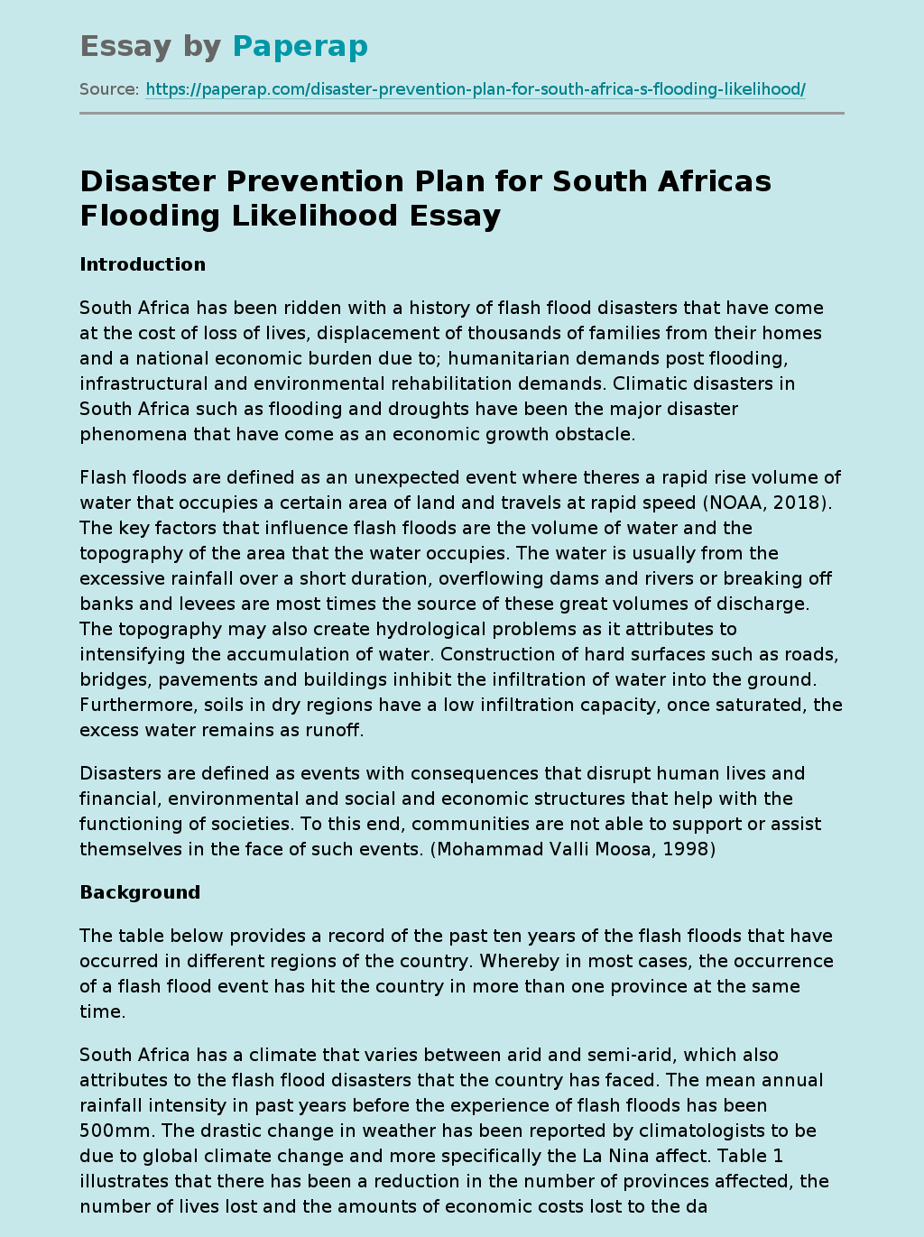 Disaster Prevention Plan for South Africas Flooding Likelihood