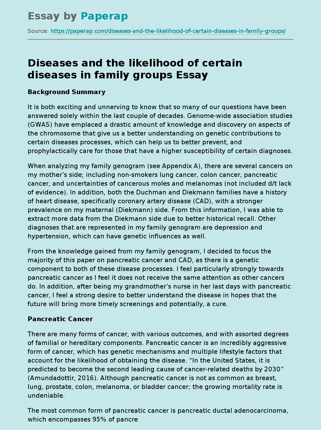 Diseases and the likelihood of certain diseases in family groups
