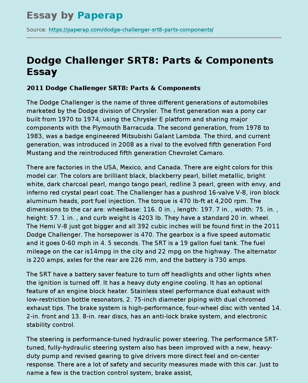 Dodge Challenger SRT8: Parts & Components