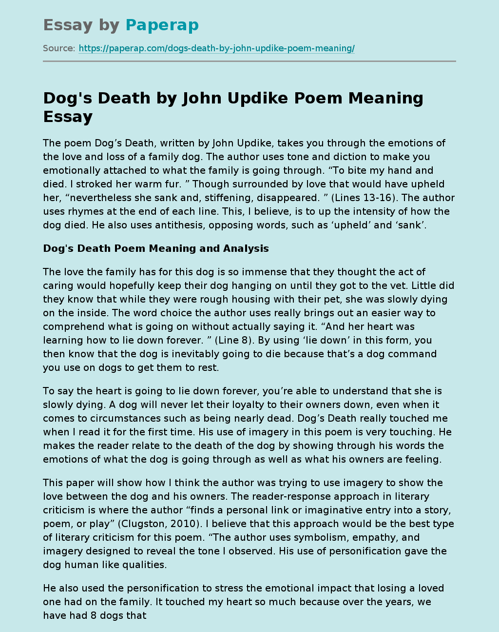 Dog's Death by John Updike Poem Meaning