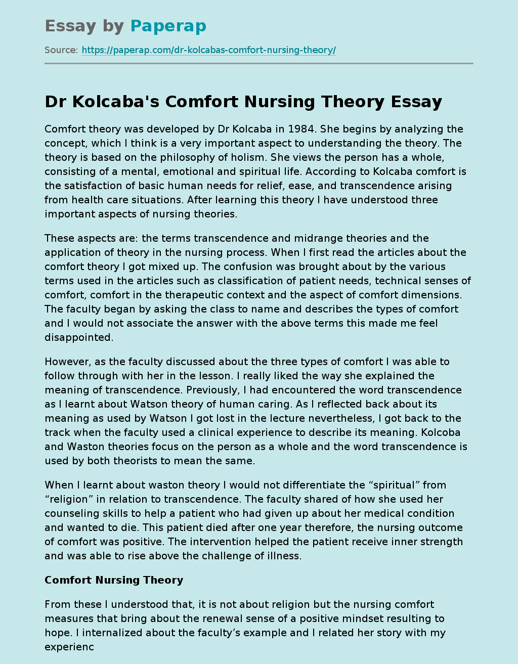 Dr Kolcaba's Comfort Nursing Theory