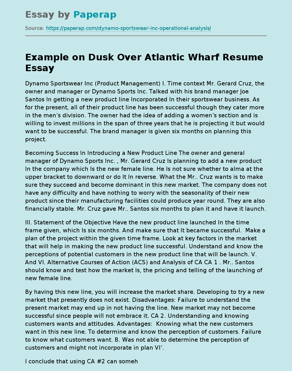 Example on Dusk Over Atlantic Wharf Resume
