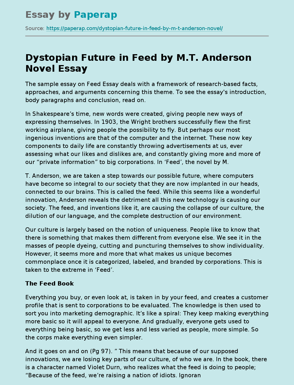 Dystopian Future in Feed by M.T. Anderson Novel