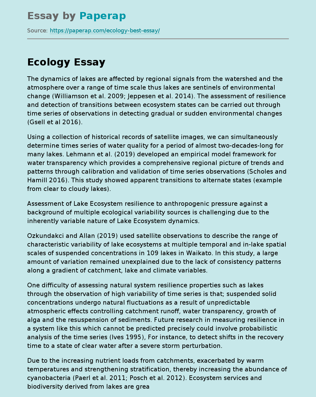 Ecology of Lakes and Ecosystem Transitions