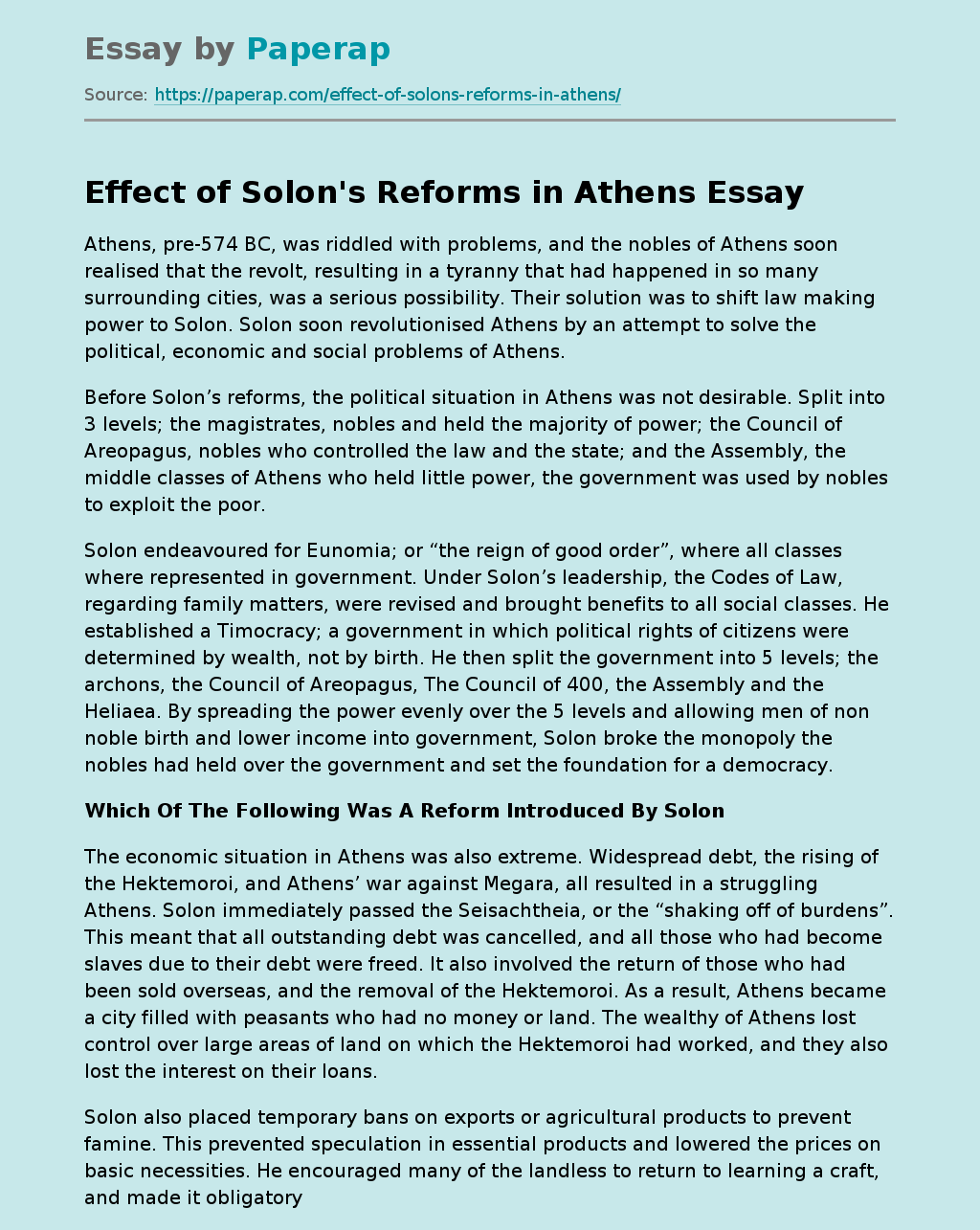 Effect of Solon's Reforms in Athens