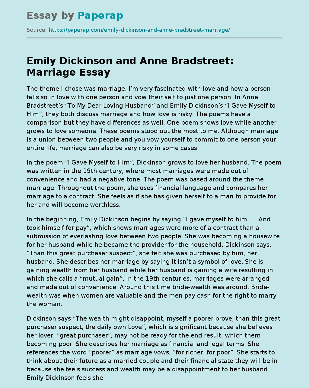 Emily Dickinson and Anne Bradstreet: Marriage