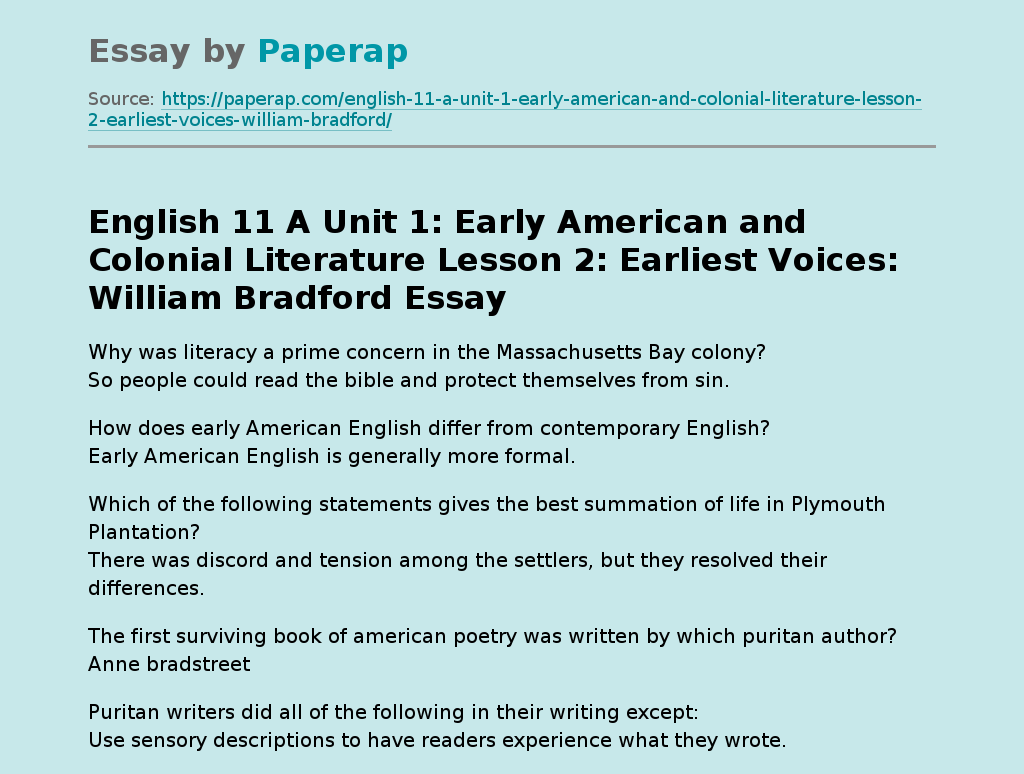 Early American Literature Lesson: William Bradford
