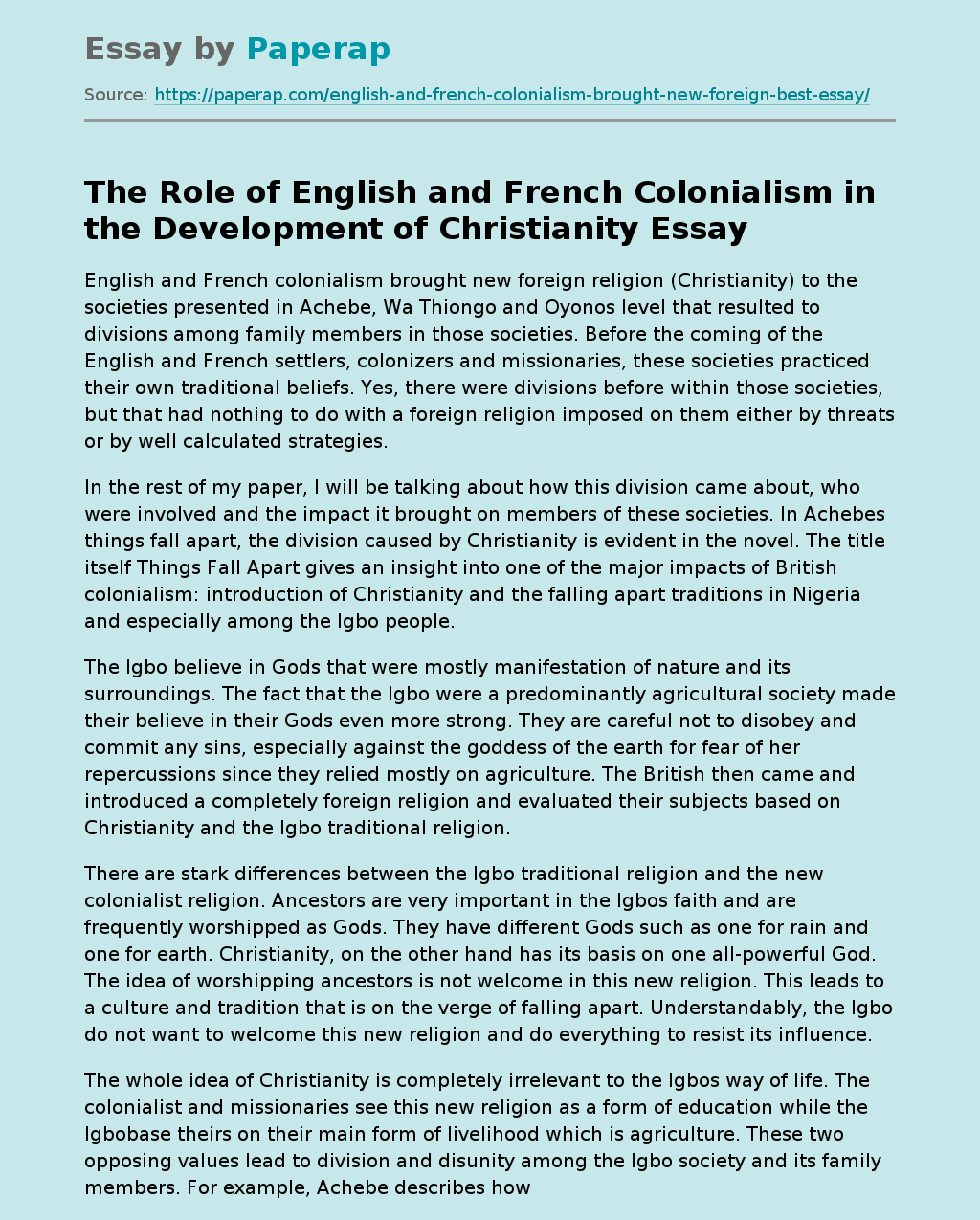 The Role of English and French Colonialism in the Development of Christianity
