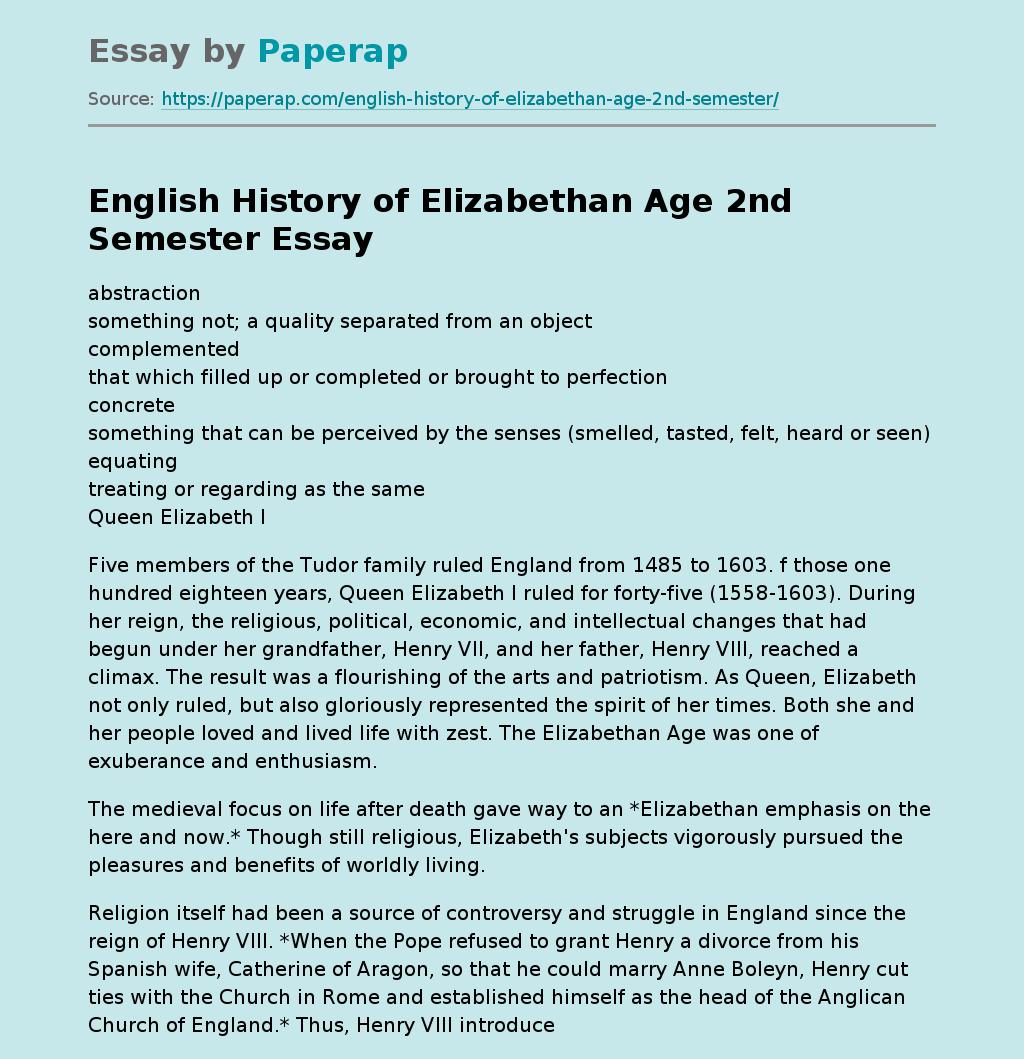 English History of Elizabethan Age 2nd Semester