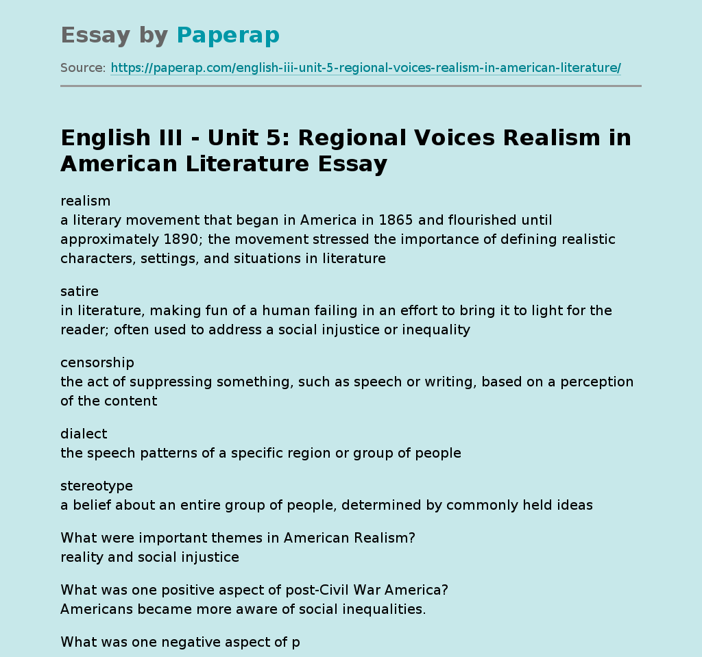 English III - Unit 5: Regional Voices  Realism in American Literature