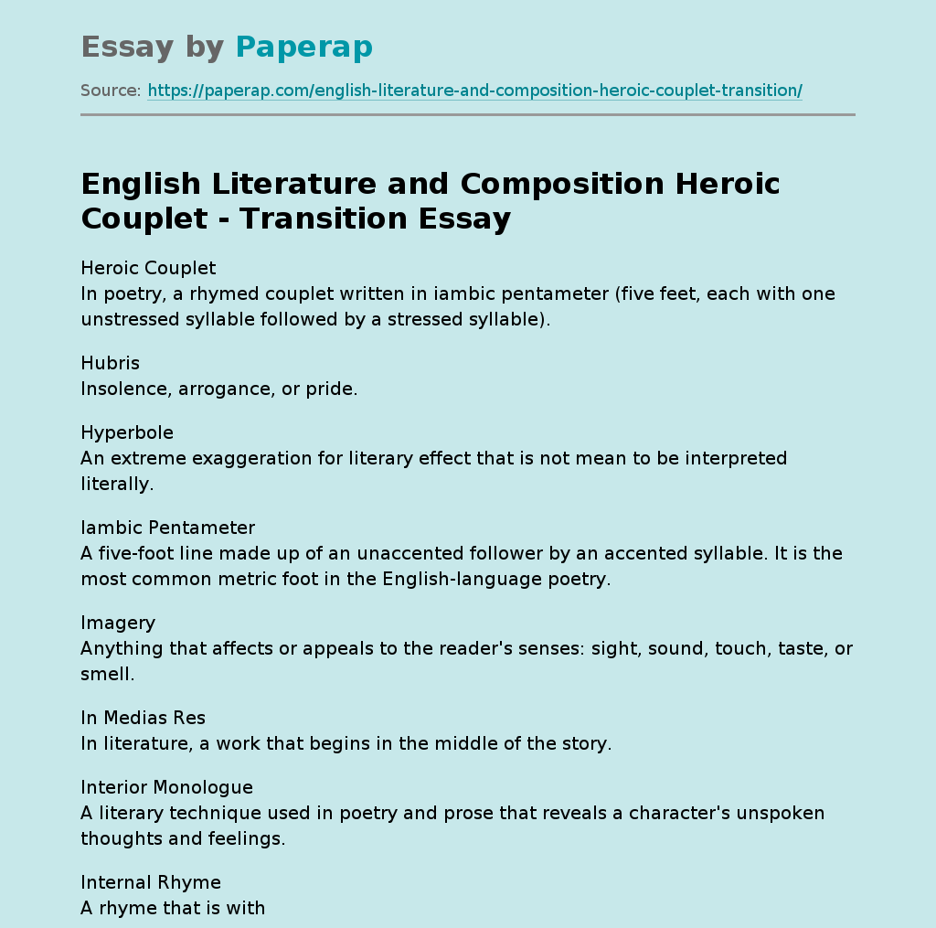 English Literature and Composition Heroic Couplet - Transition