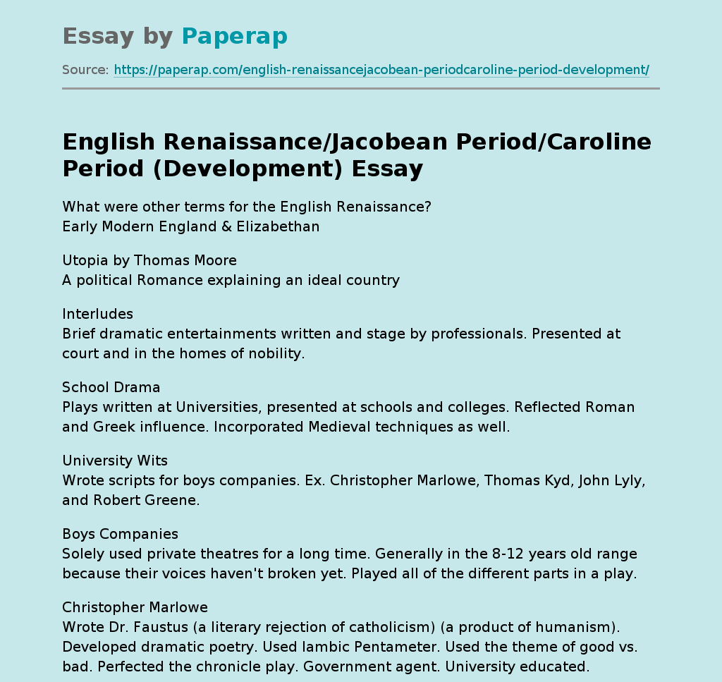 English Renaissance/Jacobean Period/Caroline Period (Development)