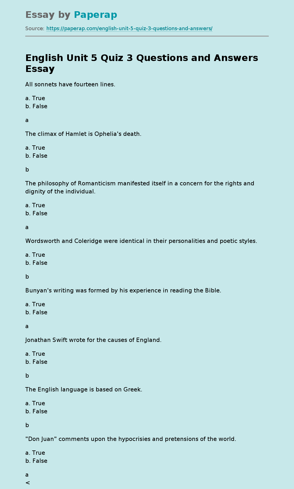 English Unit 5 Quiz 3 Questions and Answers