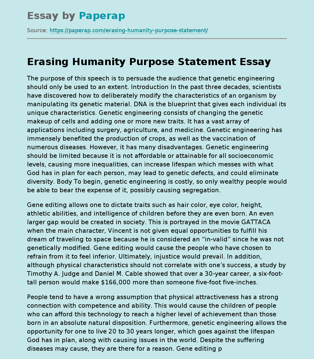 Erasing Humanity Purpose Statement