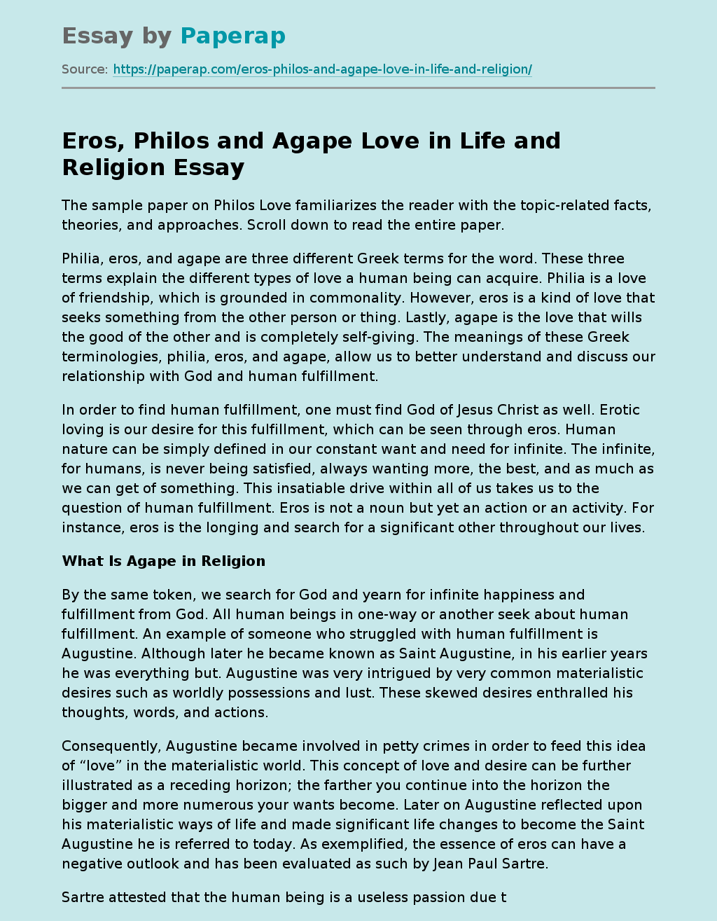 Eros, Philos and Agape Love in Life and Religion