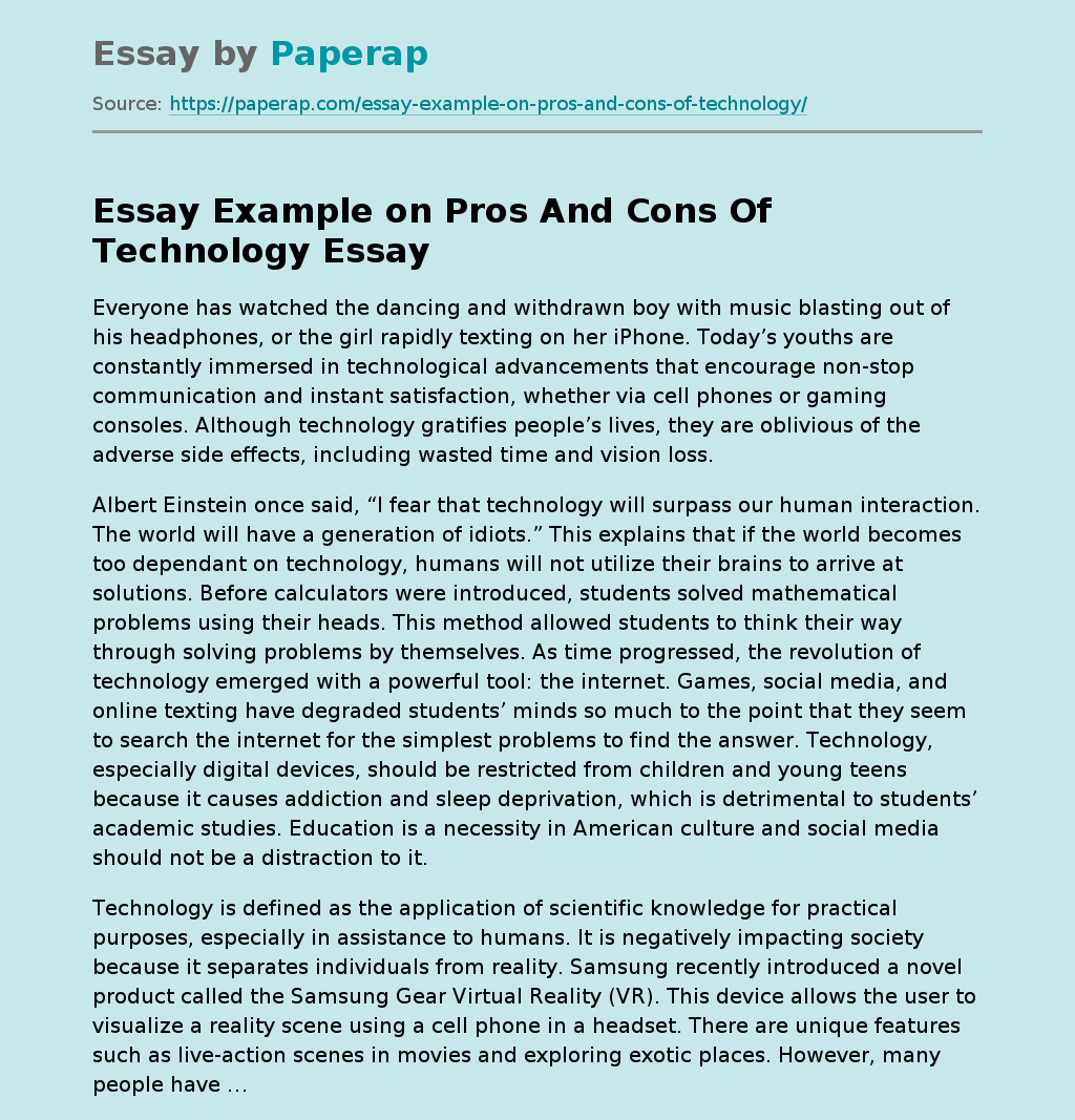 Essay Example on Pros And Cons Of Technology