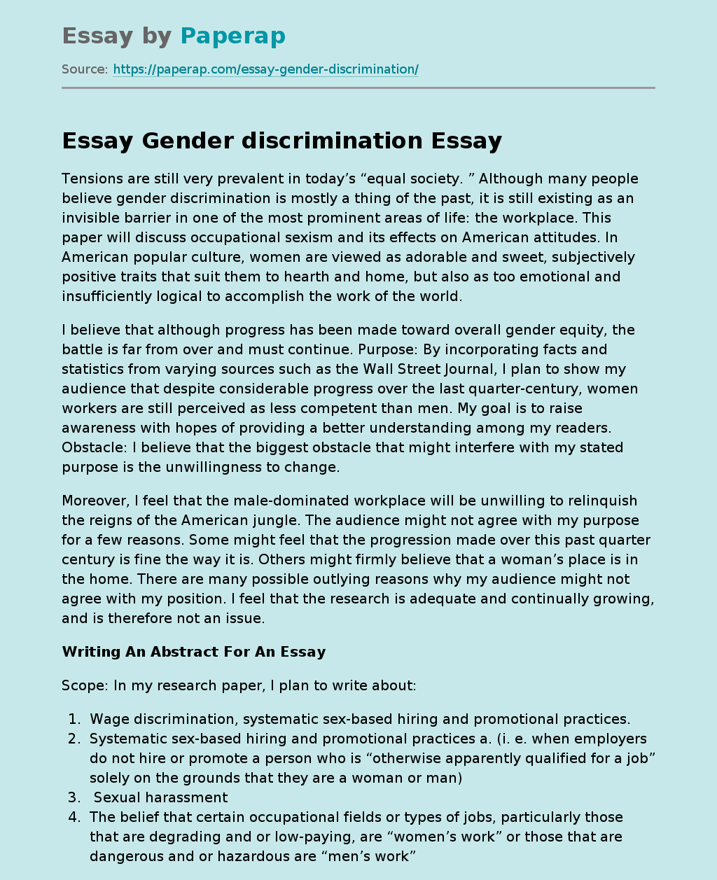 Essay Gender Discrimination Free Essay Example