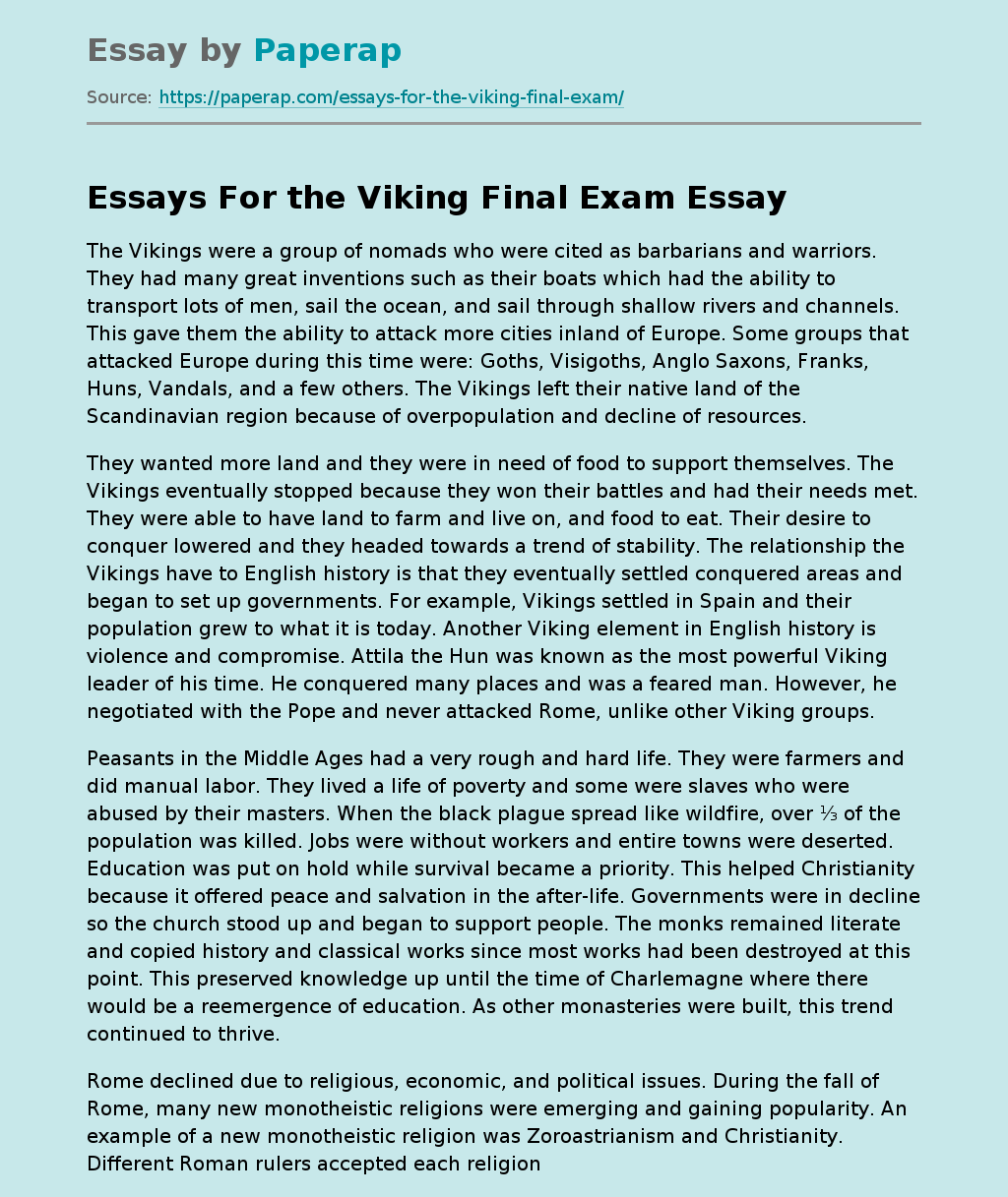 Essays For the Viking Final Exam