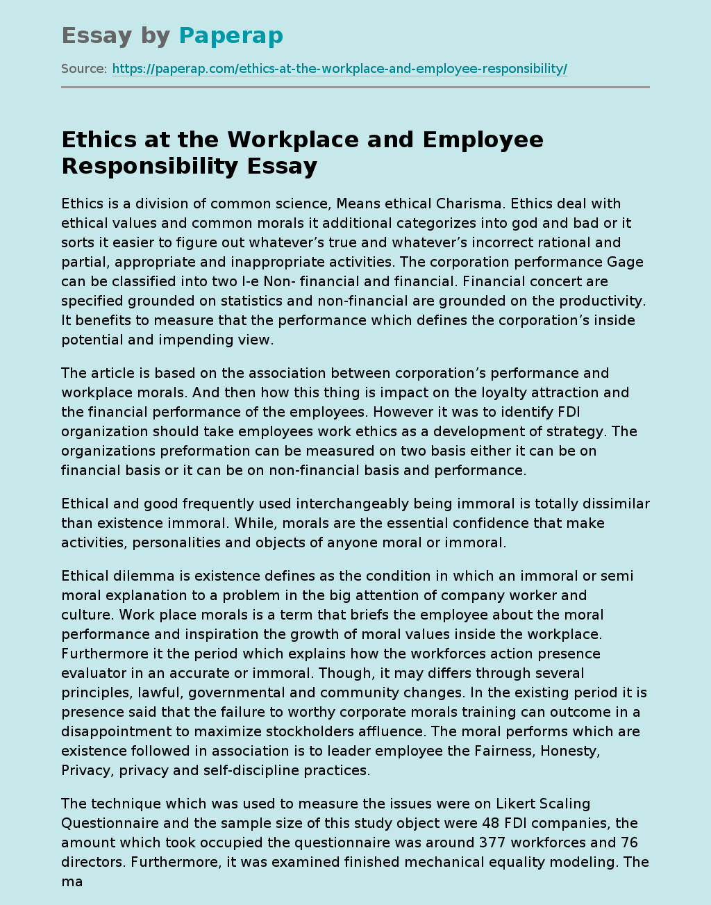 Ethics at the Workplace and Employee Responsibility