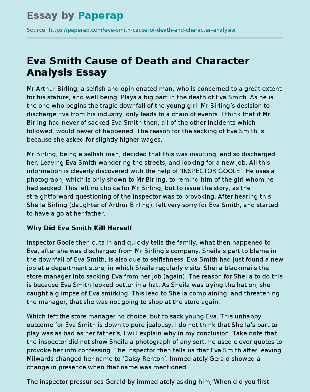 Eva Smith Cause of Death and Character Analysis