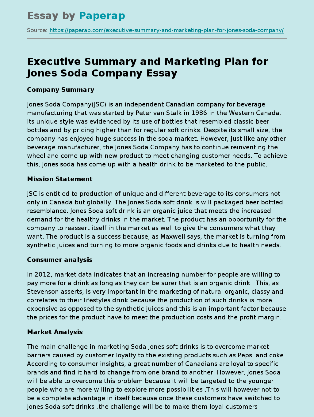 Executive Summary and Marketing Plan for Jones Soda Company