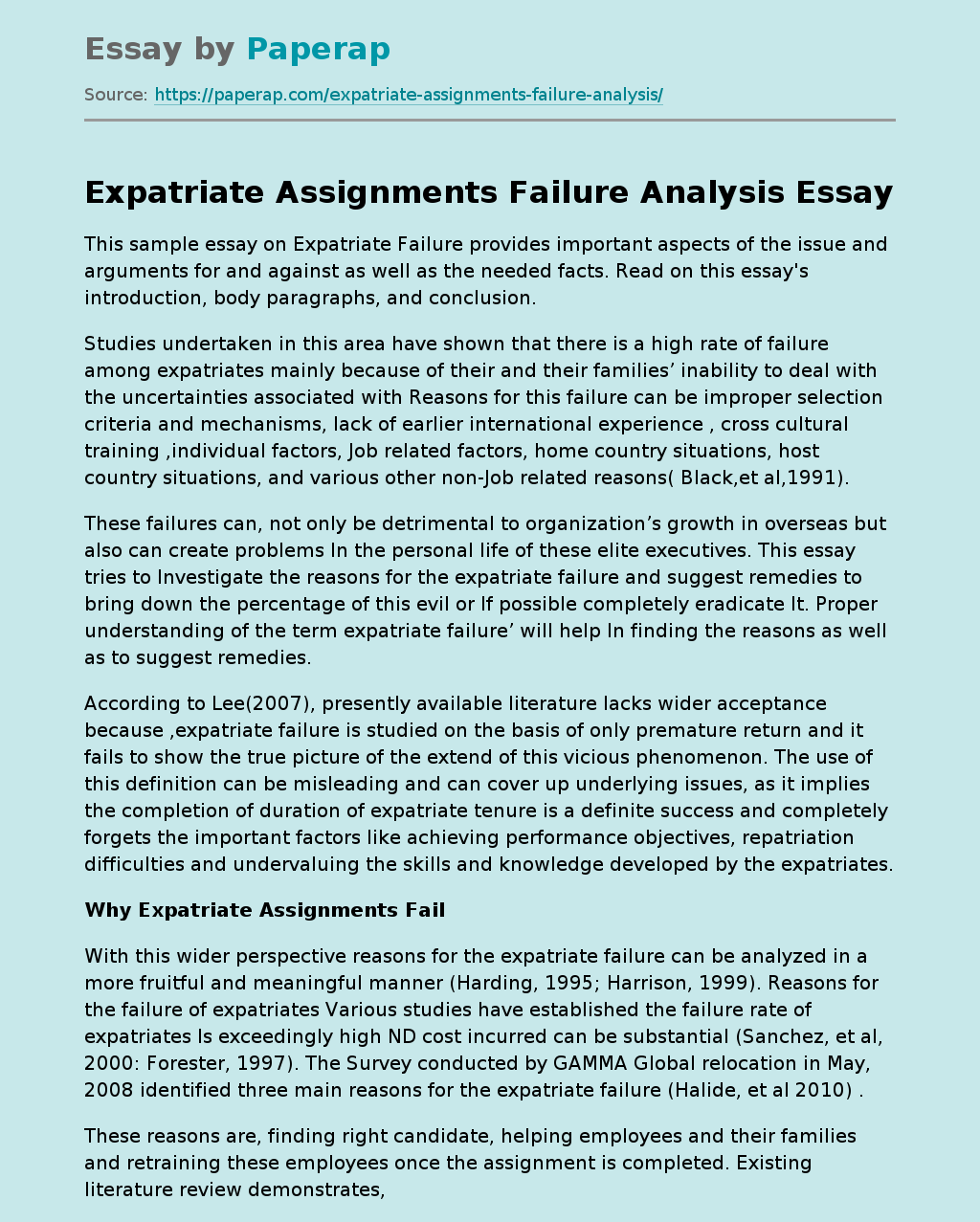 Expatriate Assignments Failure Analysis