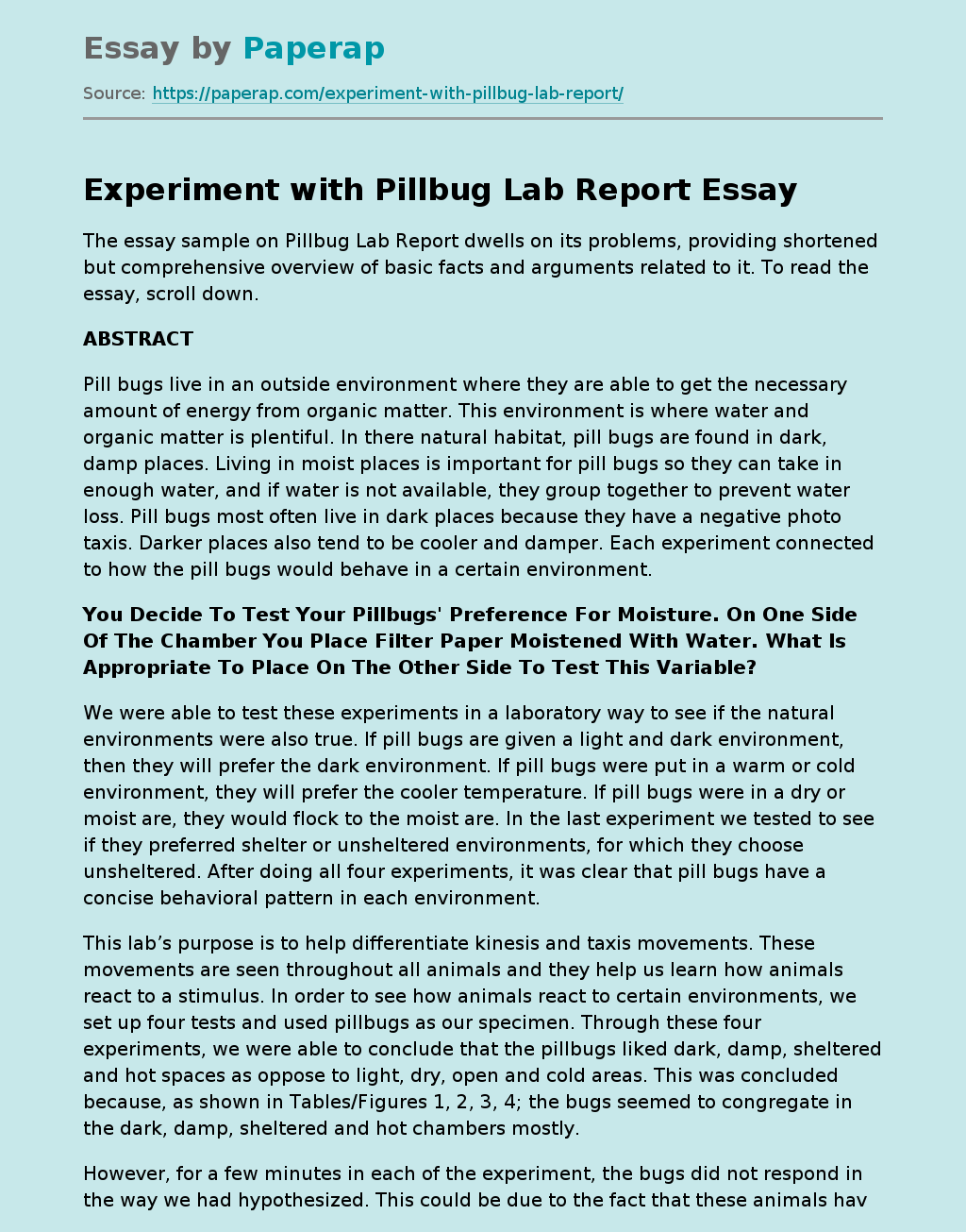 Experiment with Pillbug Lab Report