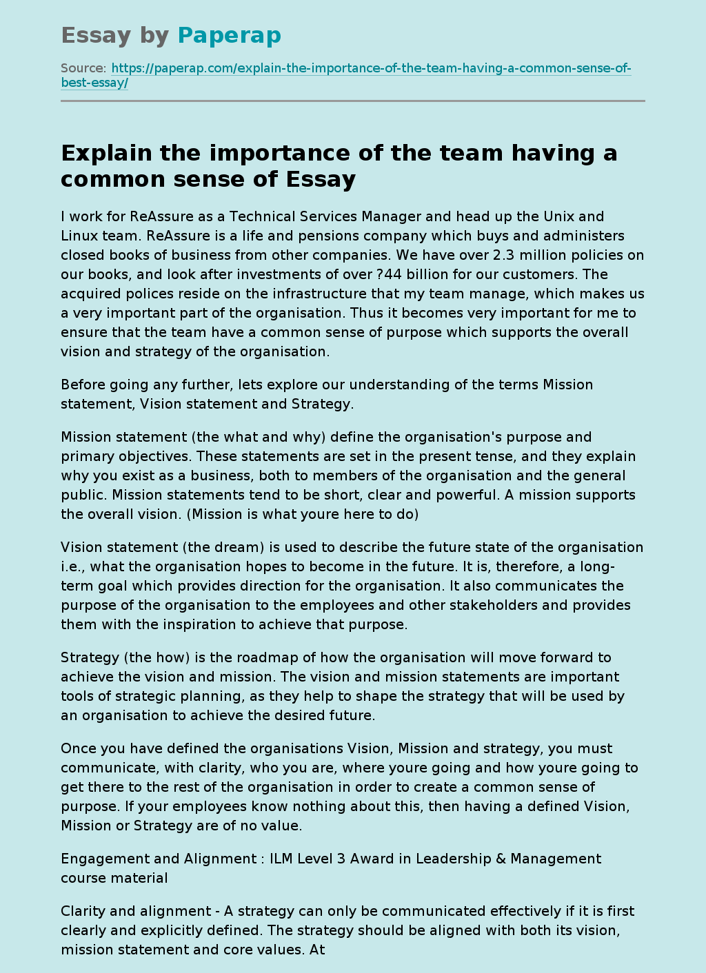 Explain the importance of the team having a common sense of