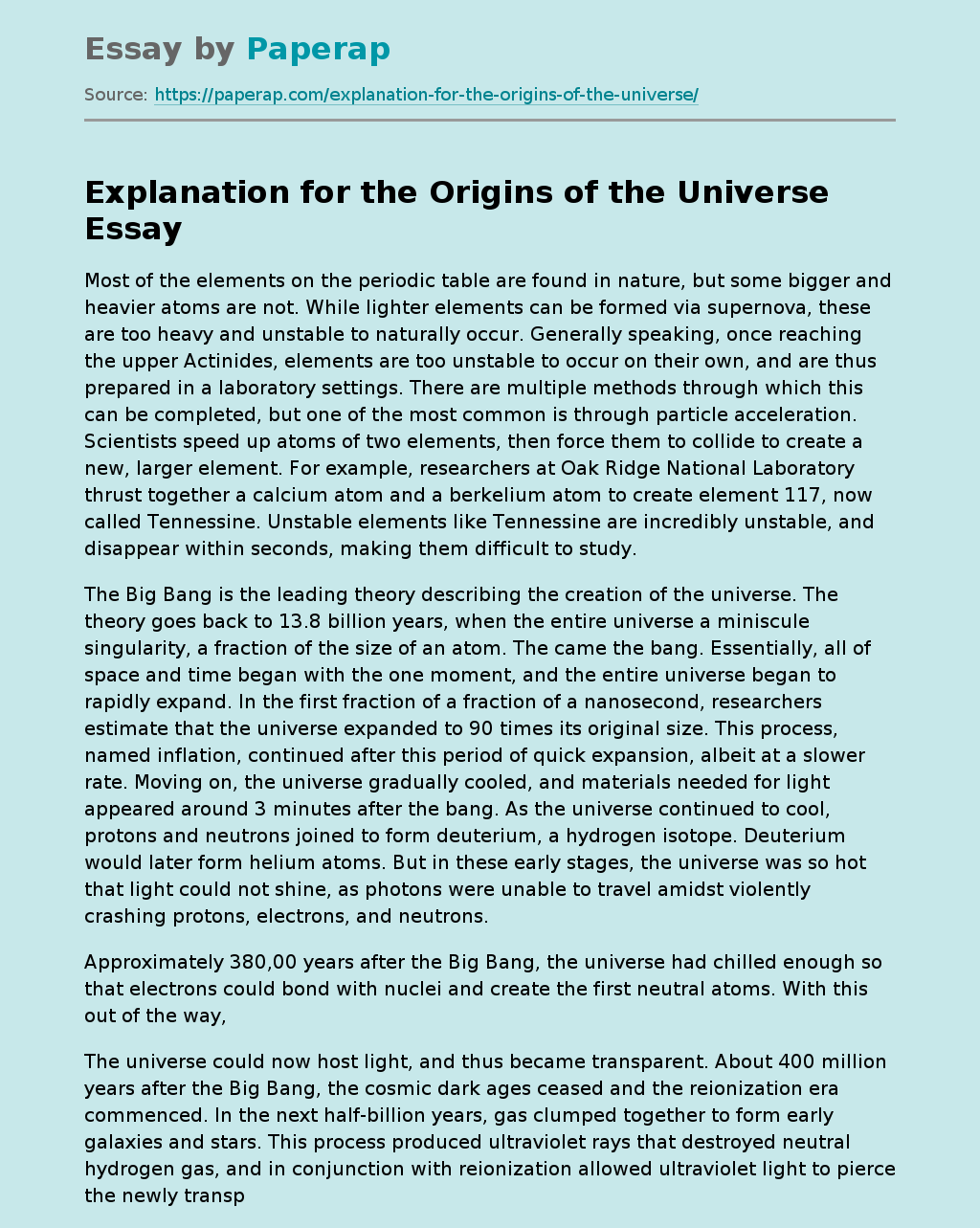 Explanation for the Origins of the Universe