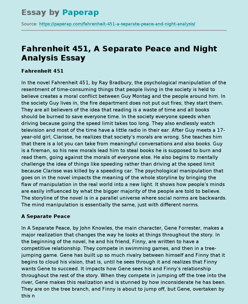 Fahrenheit 451, A Separate Peace and Night Analysis
