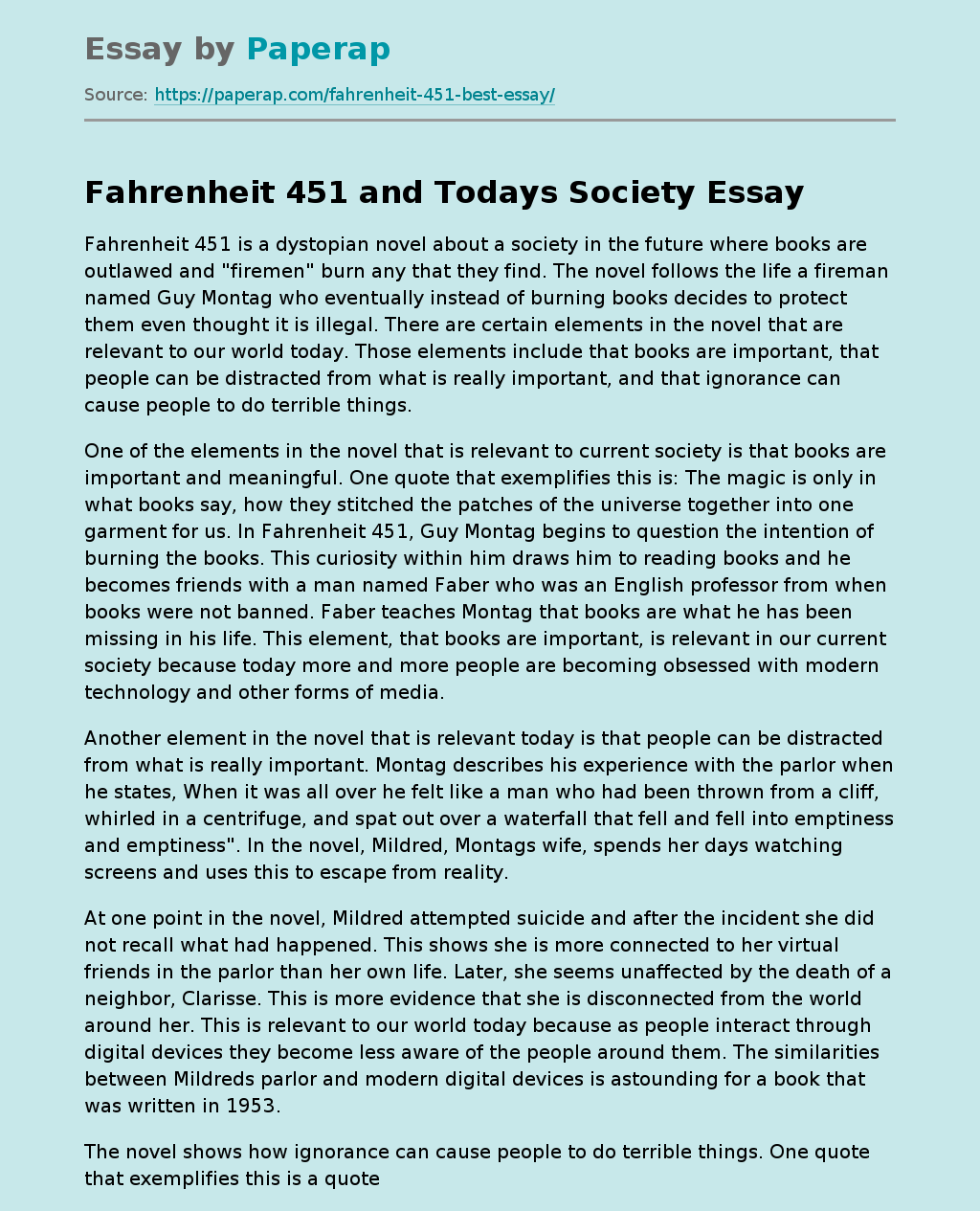 fahrenheit 451 society essay