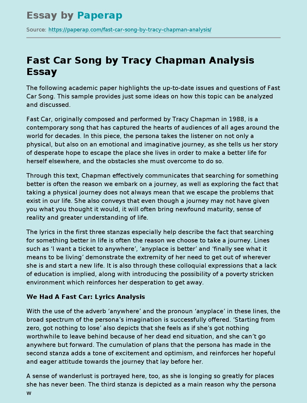 Fast Car Song by Tracy Chapman Analysis