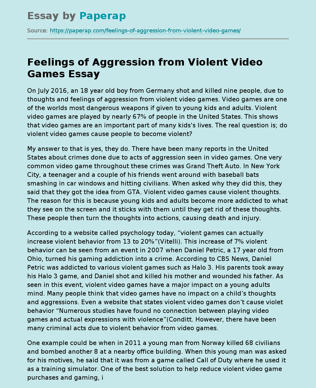 Feelings of Aggression from Violent Video Games