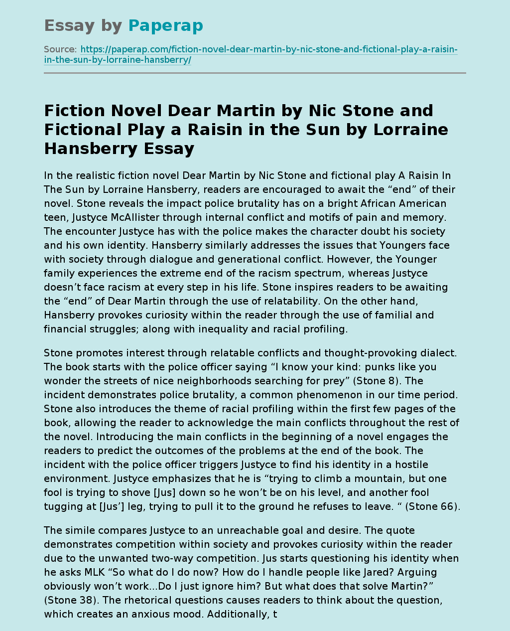 Fiction Novel Dear Martin by Nic Stone and Fictional Play a Raisin in the Sun by Lorraine Hansberry