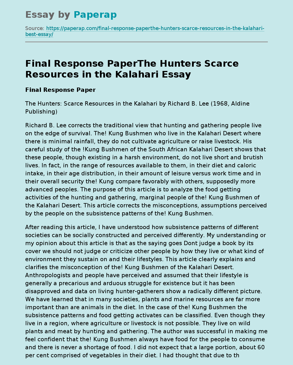 Final Response PaperThe Hunters Scarce Resources in the Kalahari