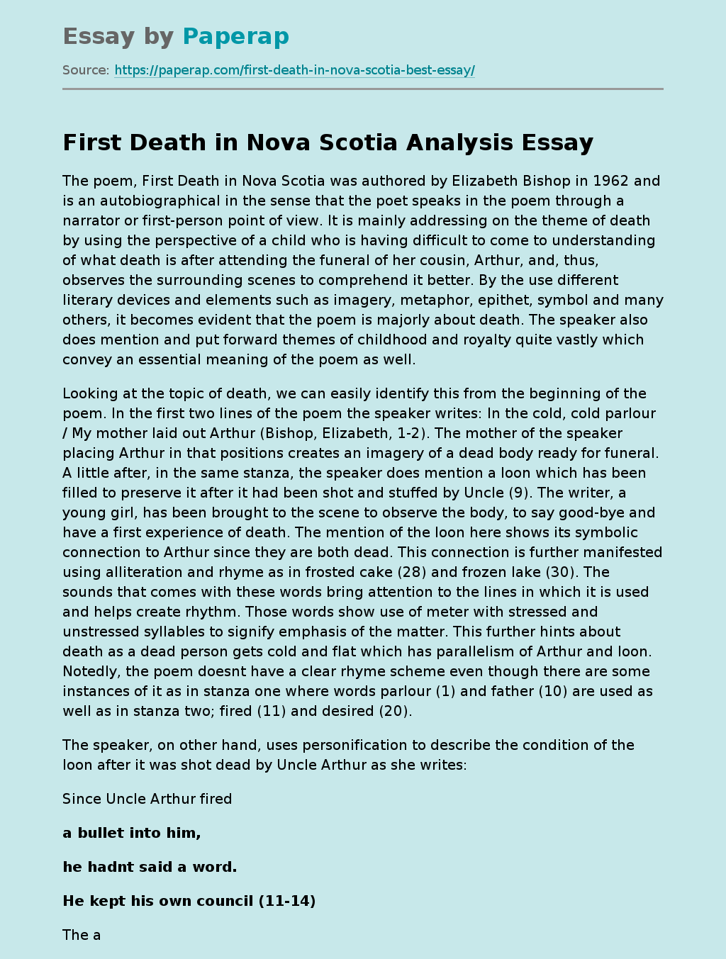 First Death in Nova Scotia Analysis